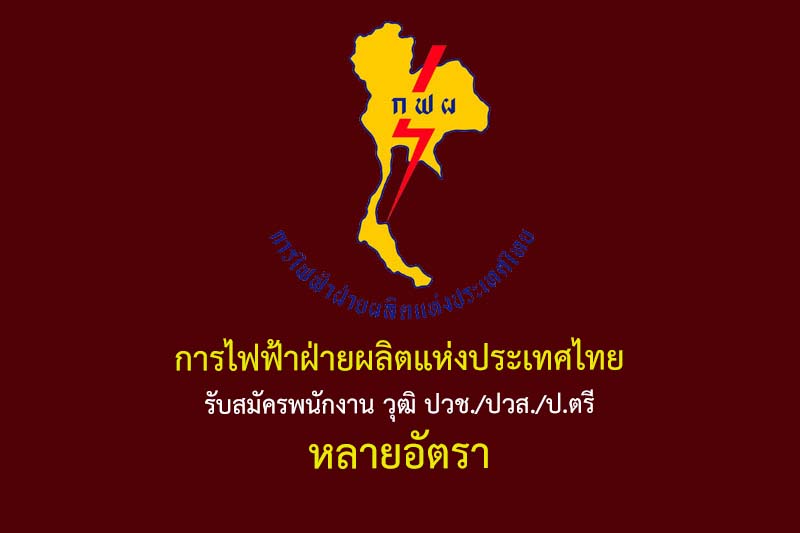 การไฟฟ้าฝ่ายผลิตแห่งประเทศไทย รับสมัครพนักงาน วุฒิ ปวช./ปวส./ป.ตรี หลายอัตรา