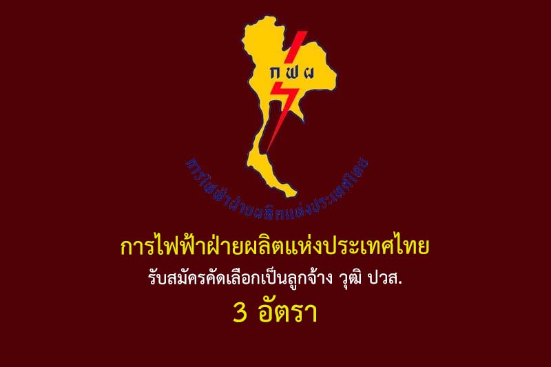 การไฟฟ้าฝ่ายผลิตแห่งประเทศไทย รับสมัครคัดเลือกเป็นลูกจ้าง วุฒิ ปวส. 3 อัตรา